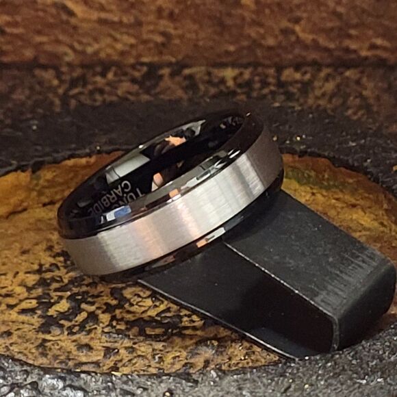 Men's Real Black and silver Tungsten Wedding Ring Black Inner Band Silver Outer - Picture 6 of 6